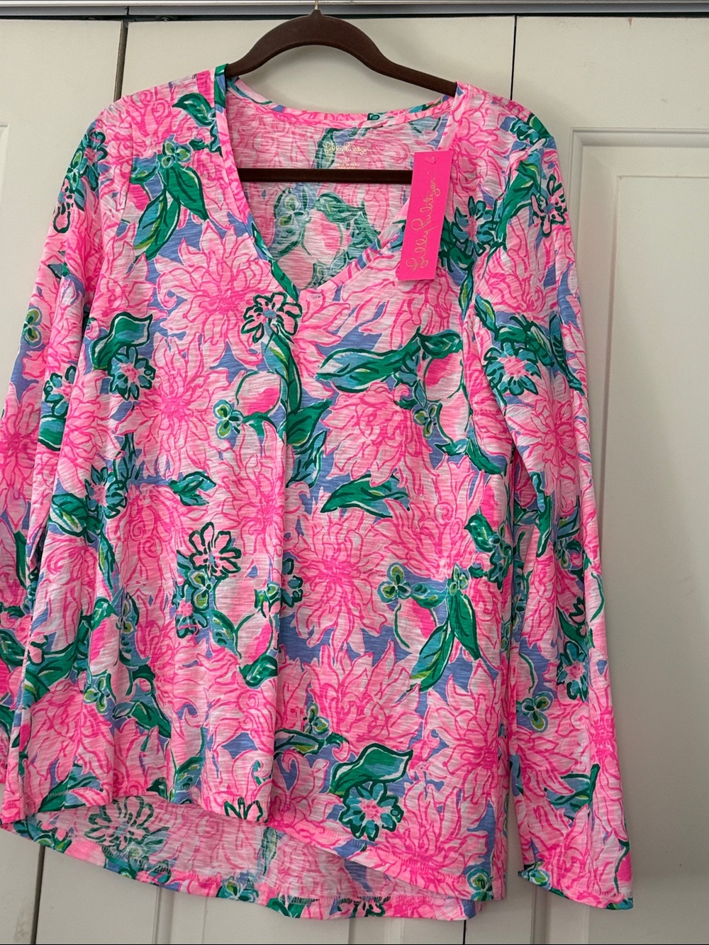 Lilly Pulitzer Pink & Green Floral V-Neck Long Sleeve Top